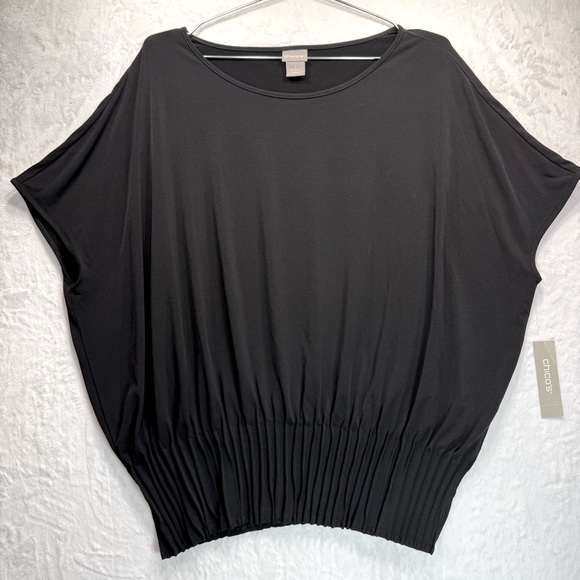 Chico’s Black Pleated Hem Loose Flowy Batwing Sleeve Top Stretchy Tapered 1/M - Picture 1 of 7